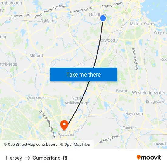 Hersey to Cumberland, RI map
