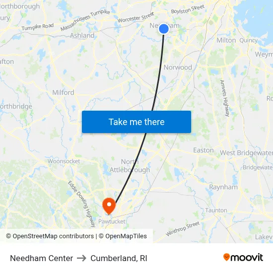 Needham Center to Cumberland, RI map