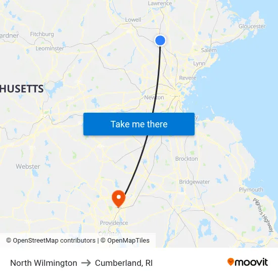 North Wilmington to Cumberland, RI map