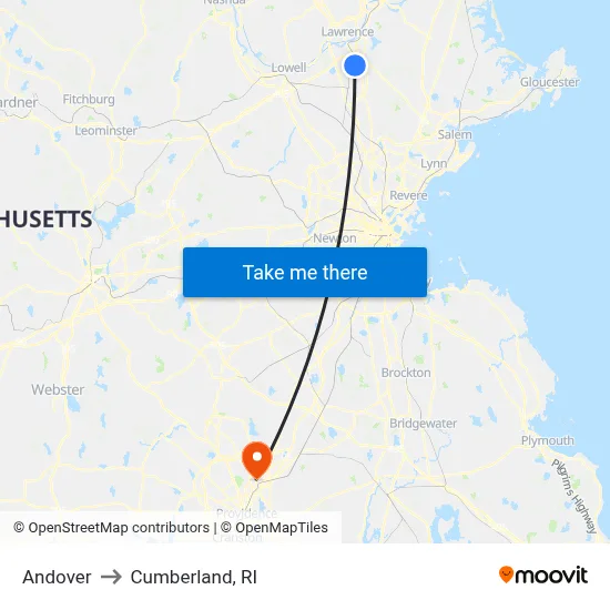 Andover to Cumberland, RI map