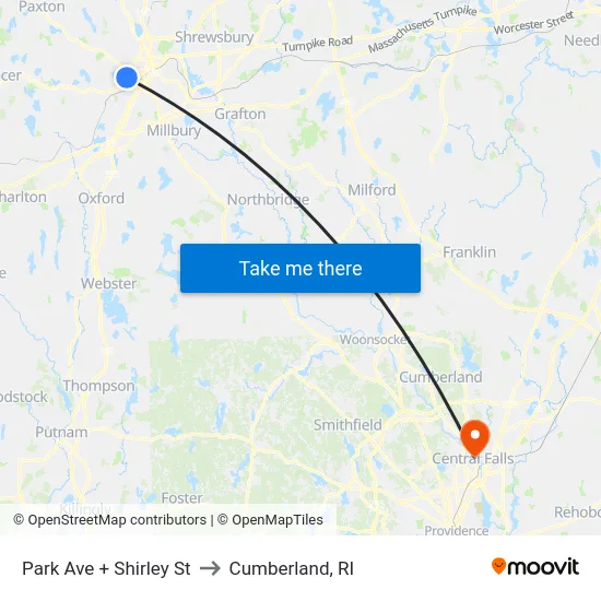 Park Ave + Shirley St to Cumberland, RI map