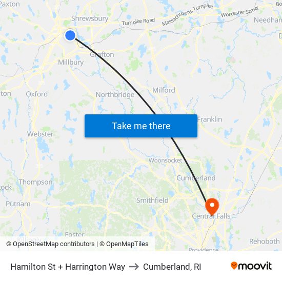 Hamilton St + Harrington Way to Cumberland, RI map