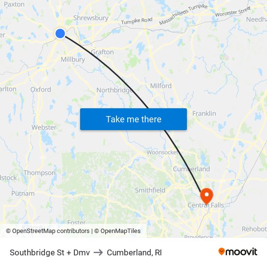 Southbridge St + Dmv to Cumberland, RI map