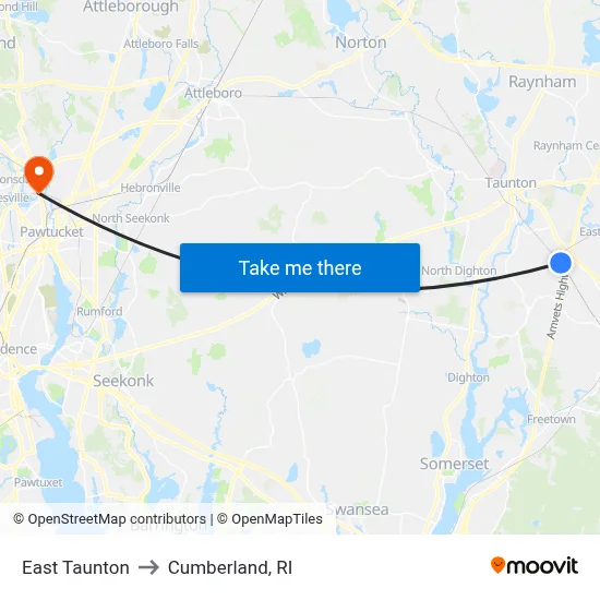 East Taunton to Cumberland, RI map