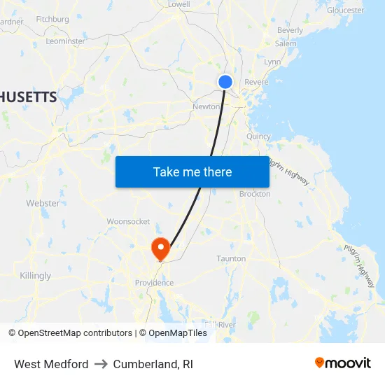 West Medford to Cumberland, RI map