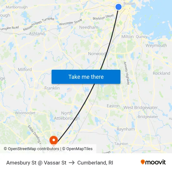 Amesbury St @ Vassar St to Cumberland, RI map