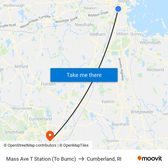 Mass Ave T Station (To Bumc) to Cumberland, RI map