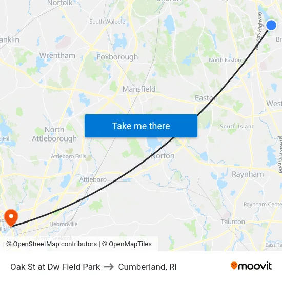 Oak St at Dw Field Park to Cumberland, RI map