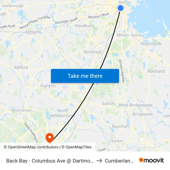 Back Bay - Columbus Ave @ Dartmouth St to Cumberland, RI map
