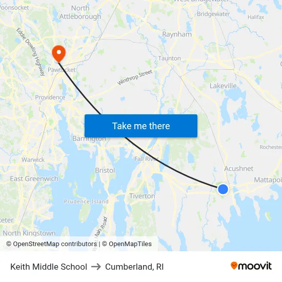 Keith Middle School to Cumberland, RI map