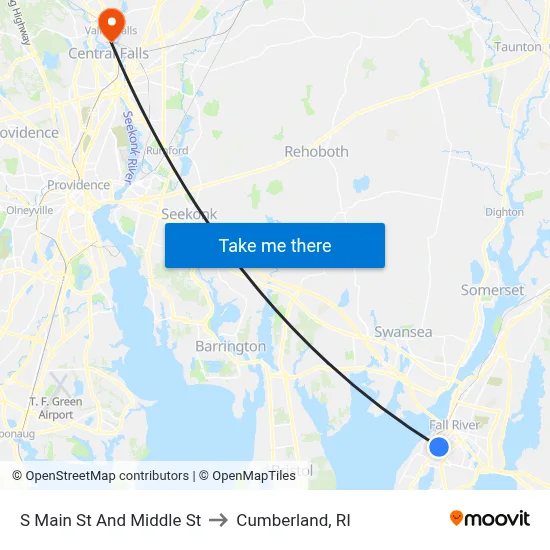 S Main St And Middle St to Cumberland, RI map