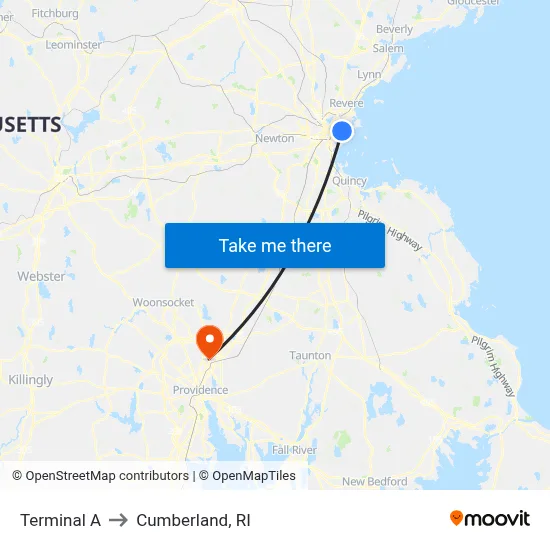 Terminal A to Cumberland, RI map