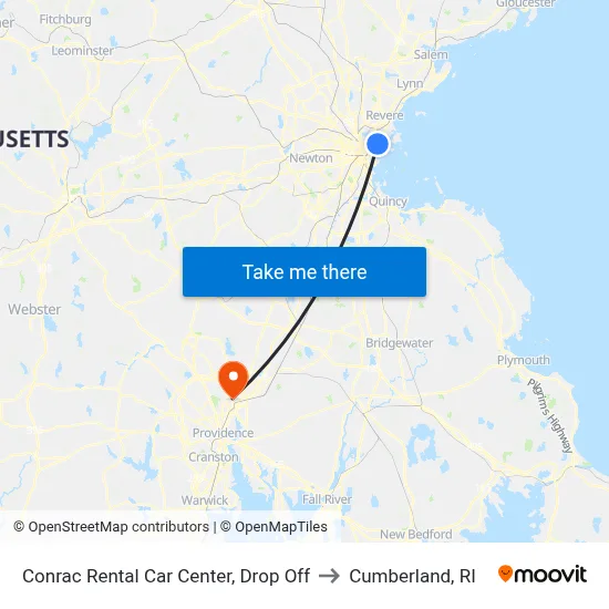 Conrac Rental Car Center, Drop Off to Cumberland, RI map