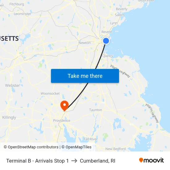 Terminal B - Arrivals Stop 1 to Cumberland, RI map