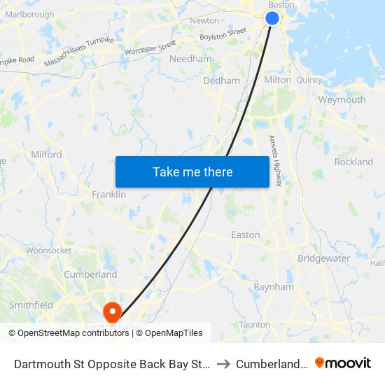 Dartmouth St Opposite Back Bay Station to Cumberland, RI map