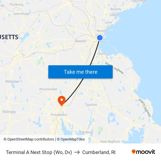 Terminal A Next Stop (Wo, Dv) to Cumberland, RI map