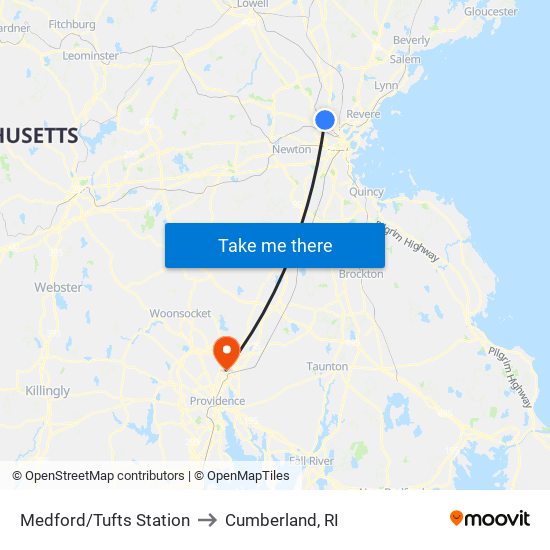 Medford/Tufts Station to Cumberland, RI map