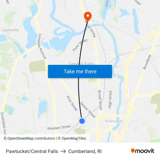 Pawtucket/Central Falls to Cumberland, RI map