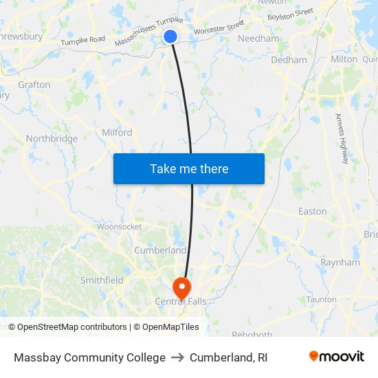 Massbay Community College to Cumberland, RI map