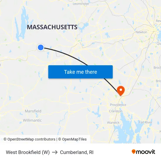 West Brookfield (W) to Cumberland, RI map