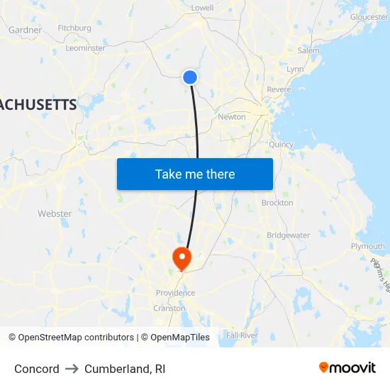 Concord to Cumberland, RI map