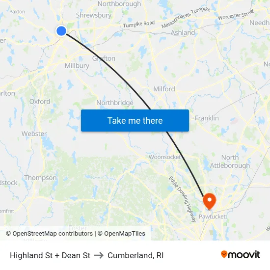 Highland St + Dean St to Cumberland, RI map