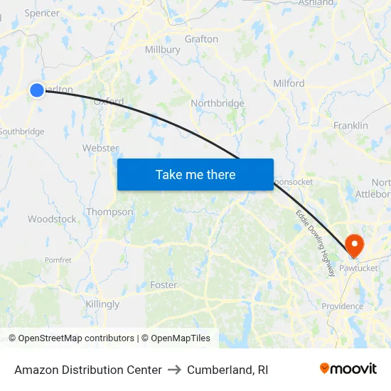 Amazon Distribution Center to Cumberland, RI map