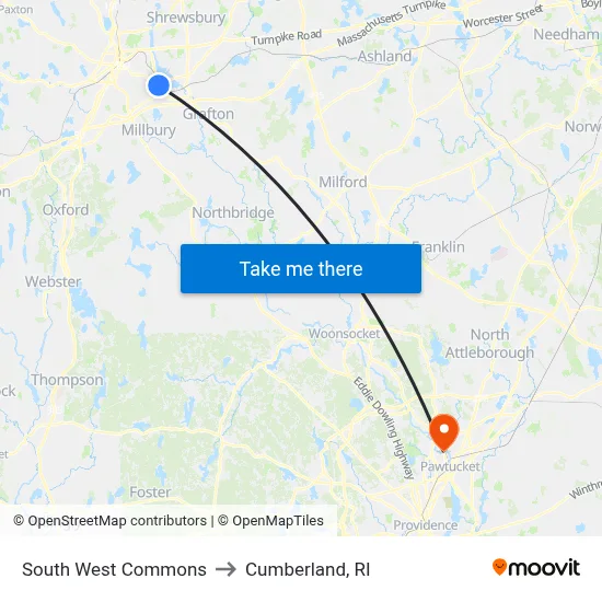 South West Commons to Cumberland, RI map