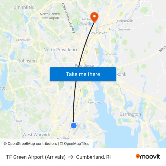 TF Green Airport (Arrivals) to Cumberland, RI map