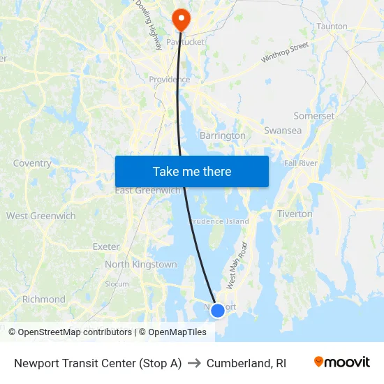 Newport Transit Center (Stop A) to Cumberland, RI map