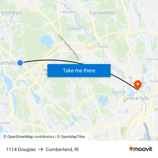 1114 Douglas to Cumberland, RI map