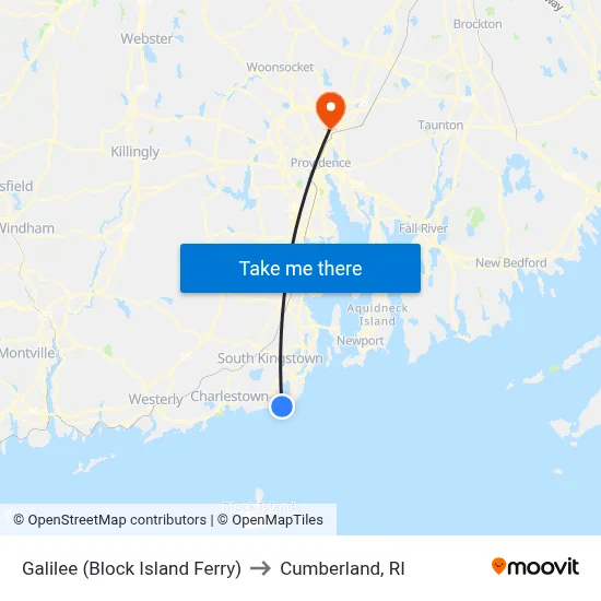 Galilee (Block Island Ferry) to Cumberland, RI map