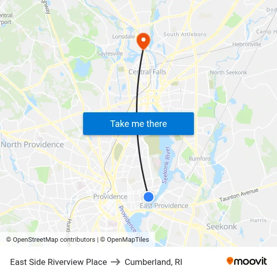 East Side Riverview Place to Cumberland, RI map