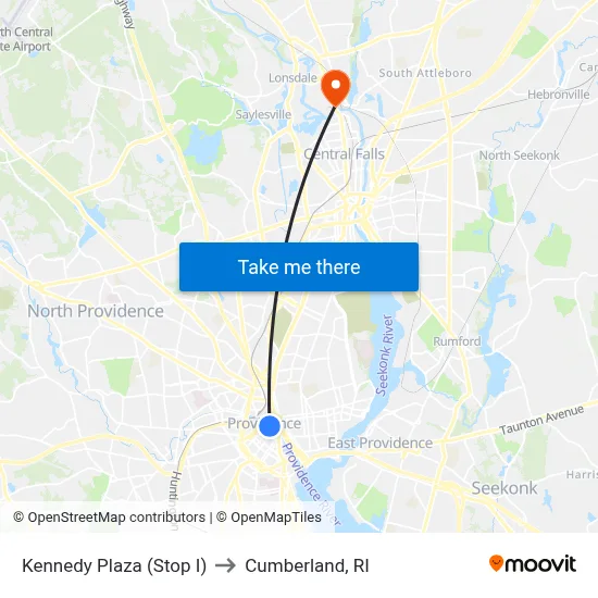 Kennedy Plaza (Stop I) to Cumberland, RI map