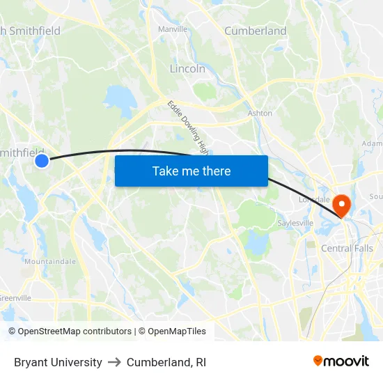 Bryant University to Cumberland, RI map