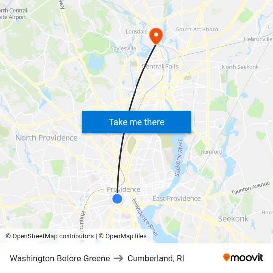 Washington Before Greene to Cumberland, RI map