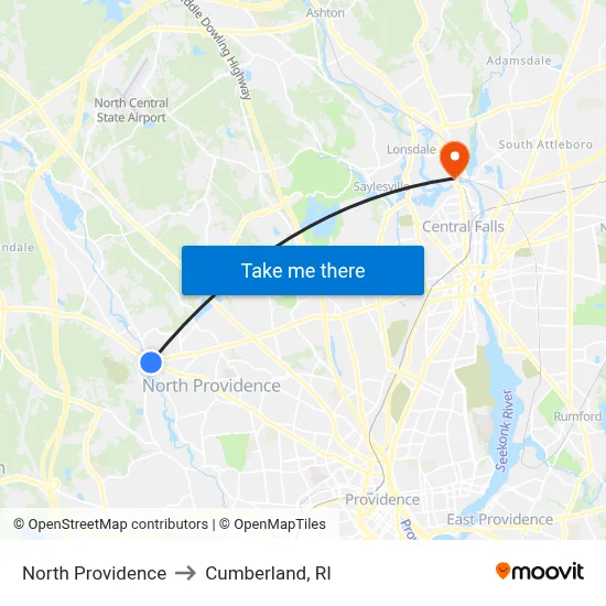 North Providence to Cumberland, RI map