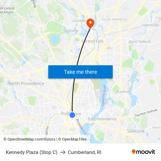 Kennedy Plaza (Stop C) to Cumberland, RI map