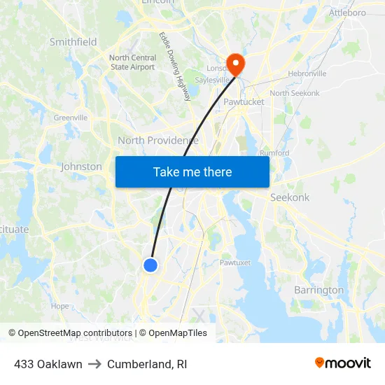 433 Oaklawn to Cumberland, RI map