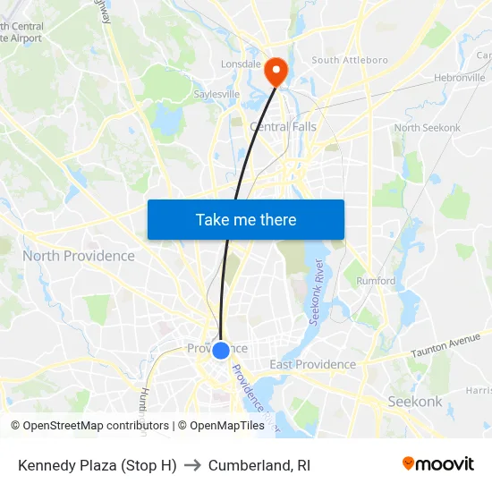Kennedy Plaza (Stop H) to Cumberland, RI map