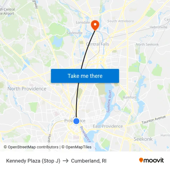 Kennedy Plaza (Stop J) to Cumberland, RI map