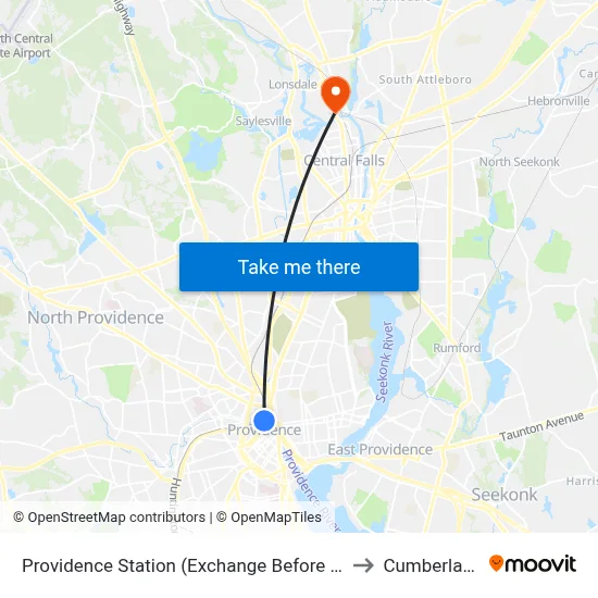 Providence Station (Exchange Before Park Row W) to Cumberland, RI map