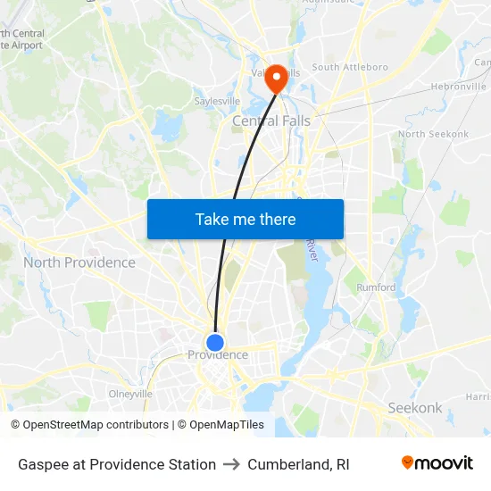 Gaspee at Providence Station to Cumberland, RI map
