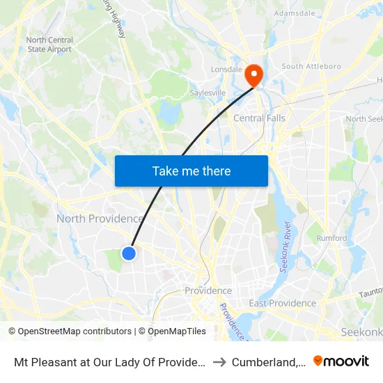 Mt Pleasant at Our Lady Of Providence to Cumberland, RI map