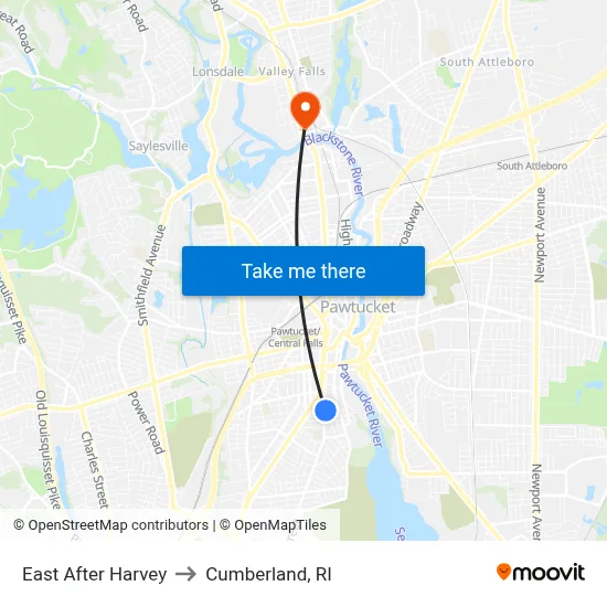 East After Harvey to Cumberland, RI map