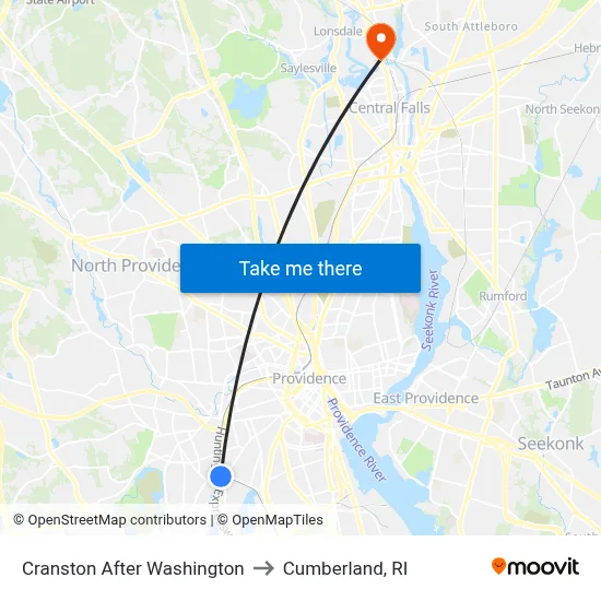 Cranston After Washington to Cumberland, RI map