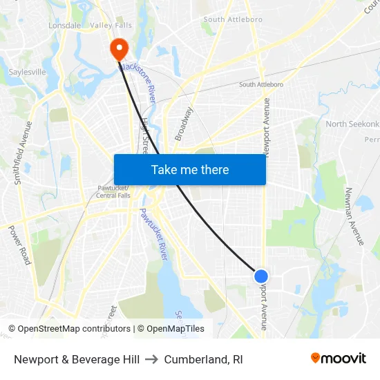Newport & Beverage Hill to Cumberland, RI map