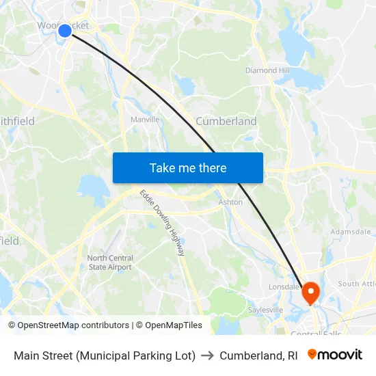 Main Street (Municipal Parking Lot) to Cumberland, RI map