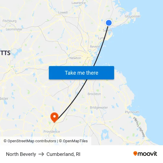 North Beverly to Cumberland, RI map