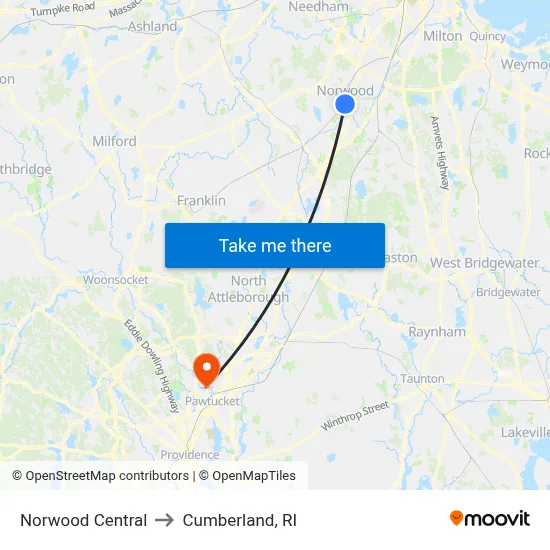 Norwood Central to Cumberland, RI map